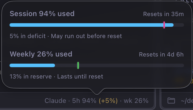 The terminal footer showing the agent's remaining five-hour and weekly quota with its current pace.